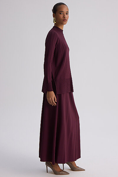 Örgü Teknikli Triko Kloş Etek Bordo - 4