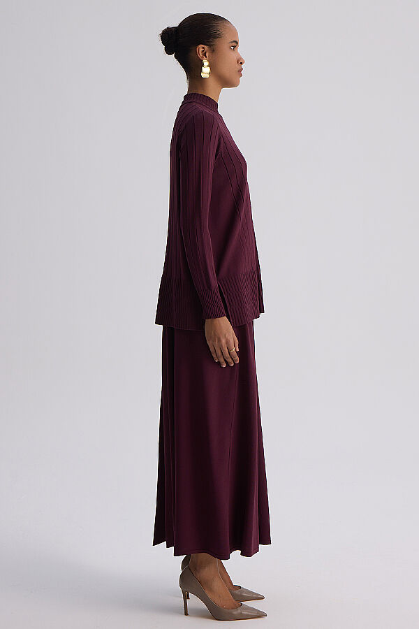Örgü Teknikli Triko Kloş Etek Bordo - 8