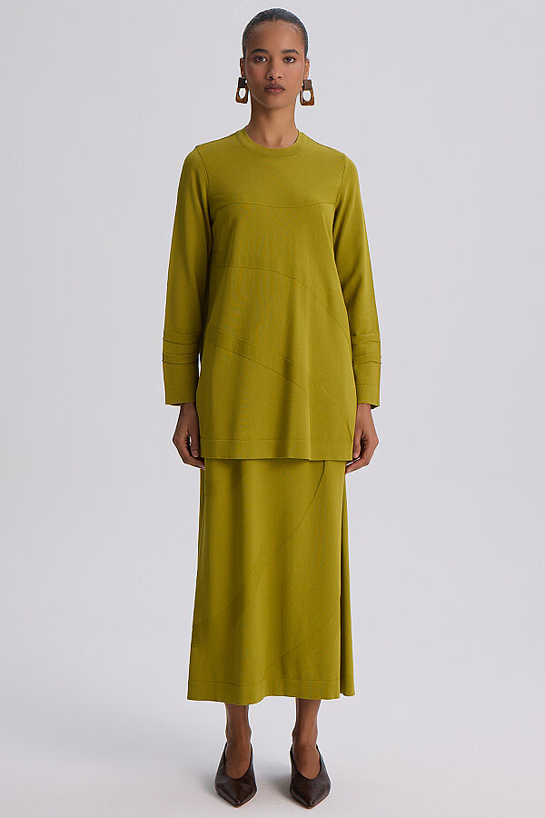  Kendinden Desenli Triko Etek Olive - 1