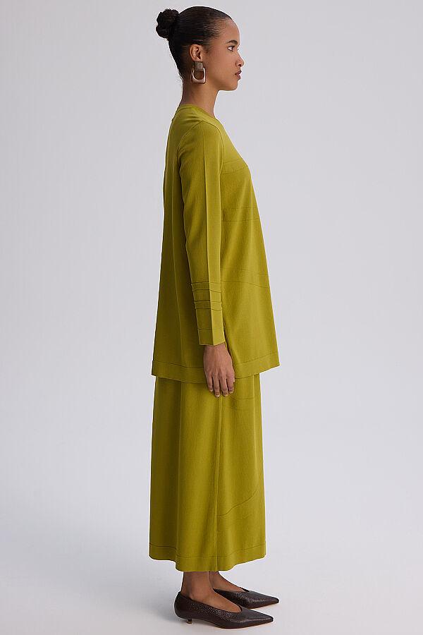  Kendinden Desenli Triko Etek Olive - 3