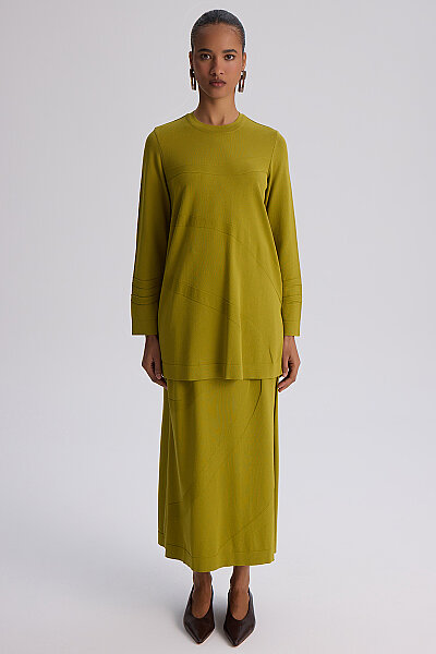  Kendinden Desenli Triko Etek Olive - 4