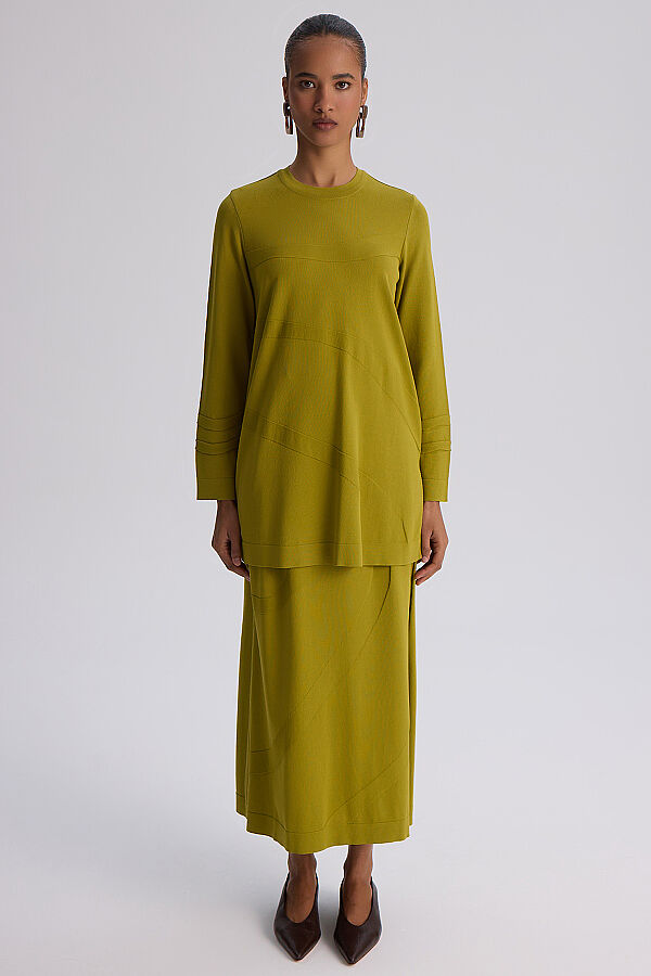  Kendinden Desenli Triko Etek Olive - 4