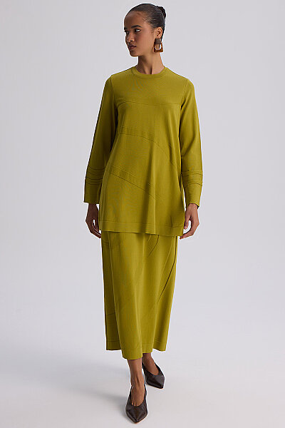  Kendinden Desenli Triko Etek Olive - 7
