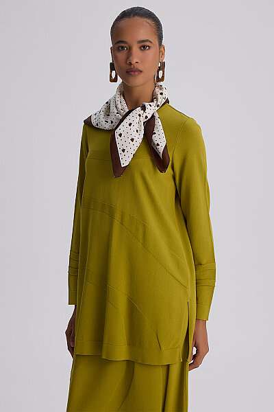  Kendinden Desenli Triko Etek Olive - 8