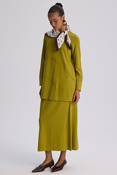  Kendinden Desenli Triko Etek Olive - 9