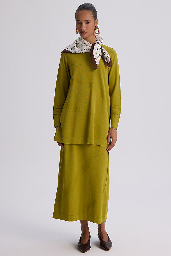  Kendinden Desenli Triko Etek Olive - 10