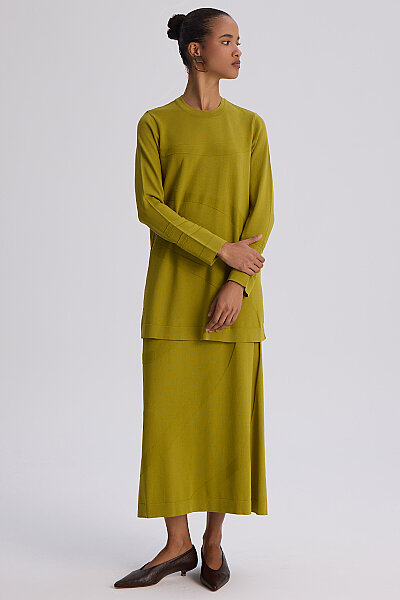  Kendinden Desenli Triko Etek Olive - 11