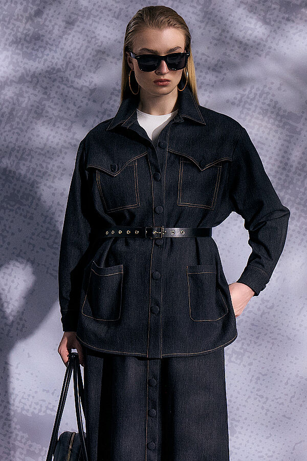 Bel Deteylı Düğmeli Denim Etek Siyah - 5