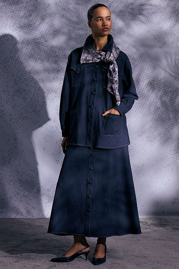 Bel Deteylı Düğmeli Denim Etek Lacivert - 5
