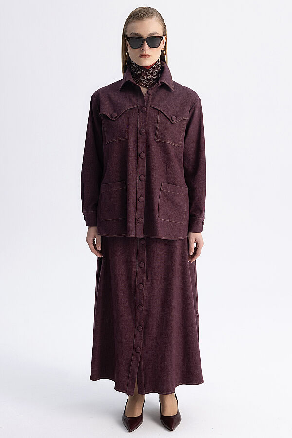Bel Deteylı Düğmeli Denim Etek Bordo - 5