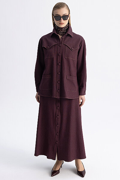Bel Deteylı Düğmeli Denim Etek Bordo - 6
