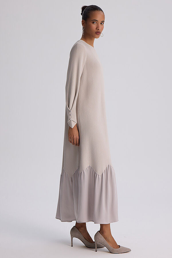 Örgü Teknikli Düz Renk Uzun Triko Elbise Açık Gri - 3