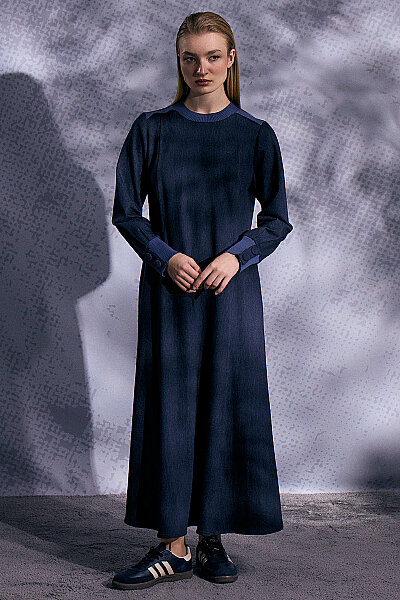 Triko Detaylı Yuvarlak Yaka Denim Elbise Lacivert - 2