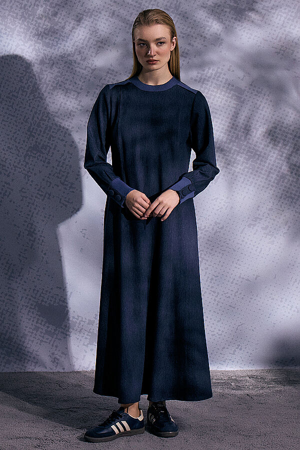 Triko Detaylı Yuvarlak Yaka Denim Elbise Lacivert - 2