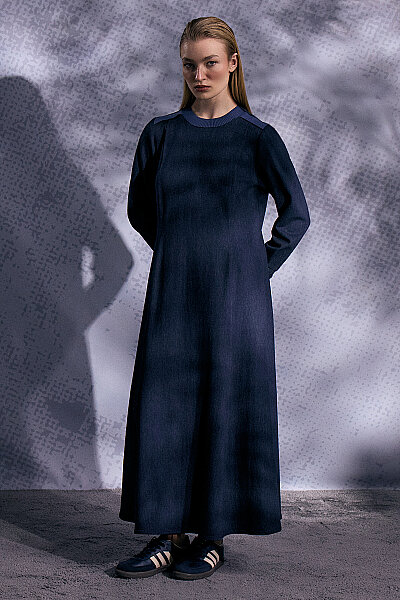 Triko Detaylı Yuvarlak Yaka Denim Elbise Lacivert - 3