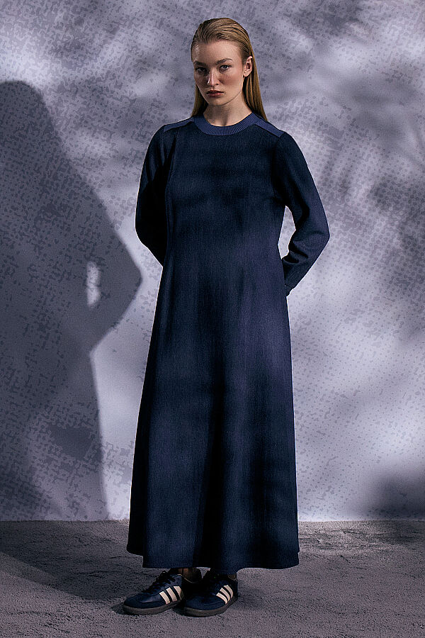 Triko Detaylı Yuvarlak Yaka Denim Elbise Lacivert - 3