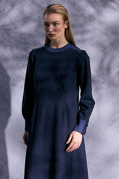 Triko Detaylı Yuvarlak Yaka Denim Elbise Lacivert - 6