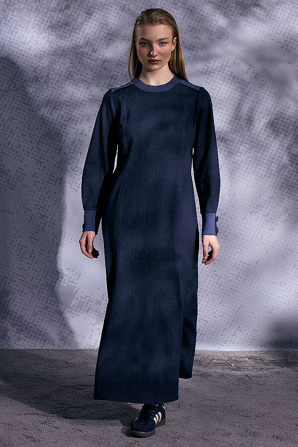 Triko Detaylı Yuvarlak Yaka Denim Elbise Lacivert - 9