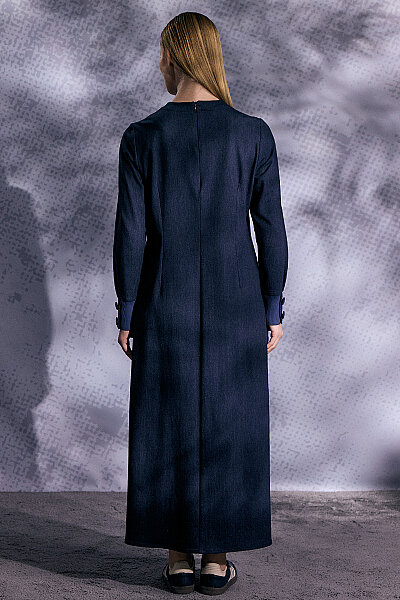Triko Detaylı Yuvarlak Yaka Denim Elbise Lacivert - 12