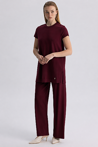  Kısa Kollu Basic Triko Tunik Bordo 