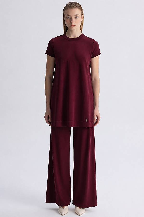  Kısa Kollu Basic Triko Tunik Bordo - 4