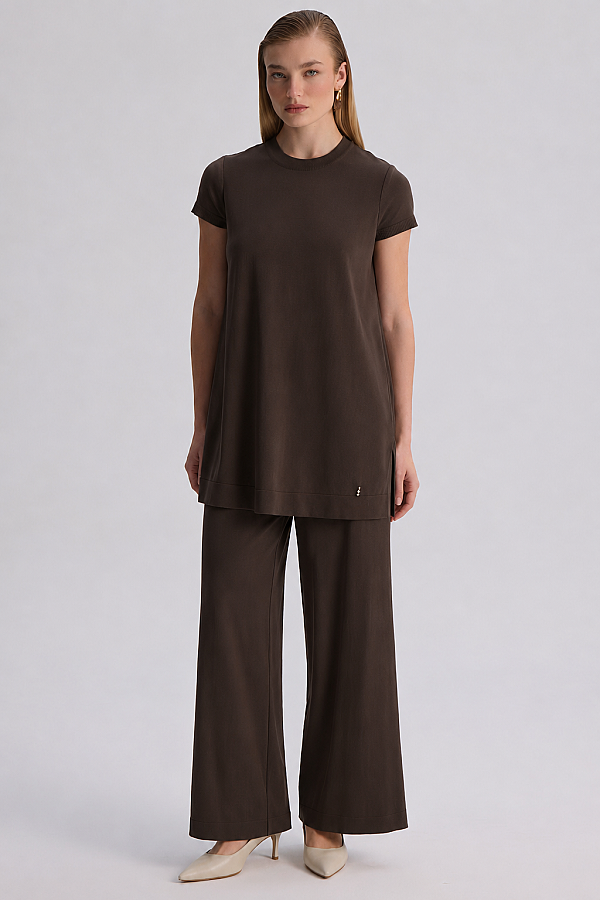  Kısa Kollu Basic Triko Tunik Kahverengi - 4