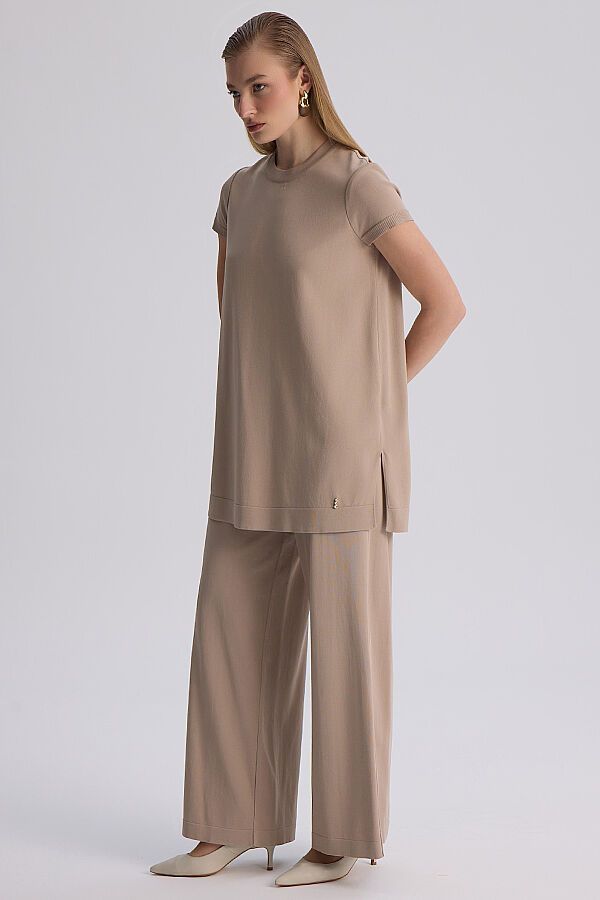  Kısa Kollu Basic Triko Tunik Vizon - 3