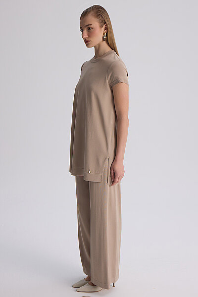  Kısa Kollu Basic Triko Tunik Vizon - 6