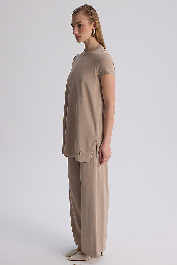  Kısa Kollu Basic Triko Tunik Vizon - 6