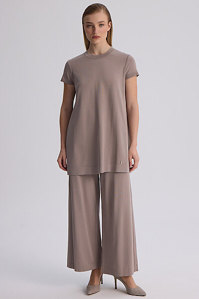  Kısa Kollu Basic Triko Tunik Vizon - 9