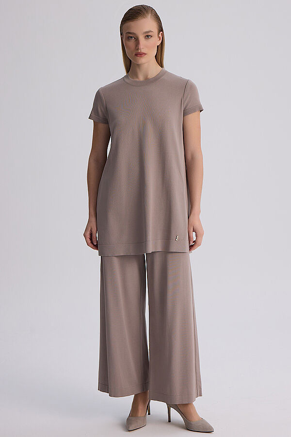  Kısa Kollu Basic Triko Tunik Vizon - 9