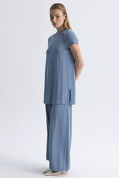  Kısa Kollu Basic Triko Tunik Mavi - 3