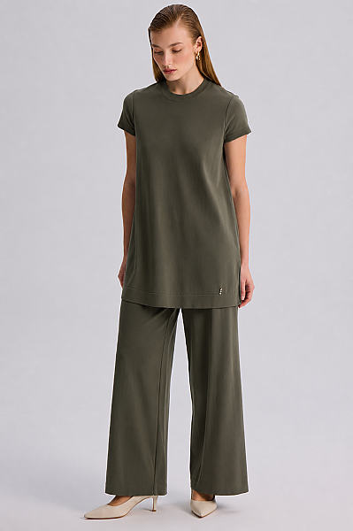  Kısa Kollu Basic Triko Tunik Haki - 5