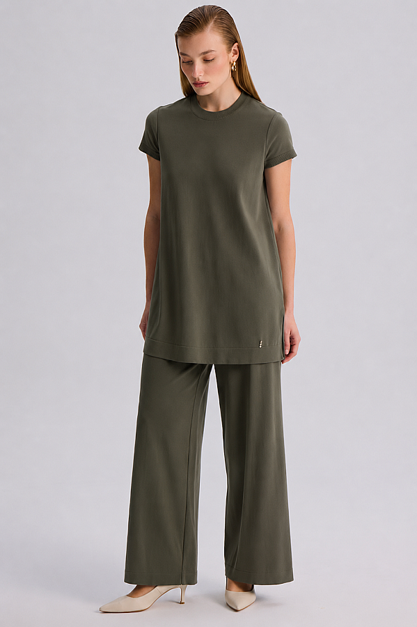  Kısa Kollu Basic Triko Tunik Haki - 5