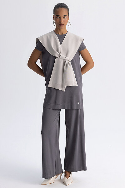  Kısa Kollu Basic Triko Tunik Kurşun - 3