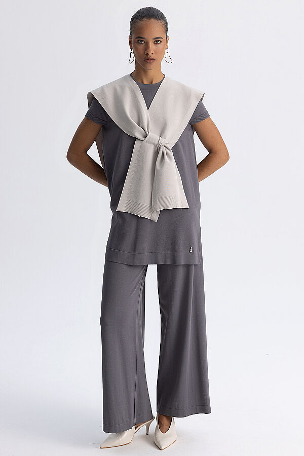 Kısa Kollu Basic Triko Tunik Kurşun - 3