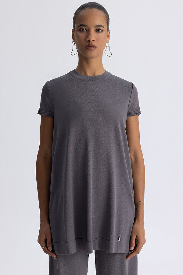  Kısa Kollu Basic Triko Tunik Kurşun - 6