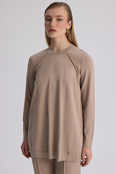 Uzun Kollu Basic Triko Tunik Bej - 6