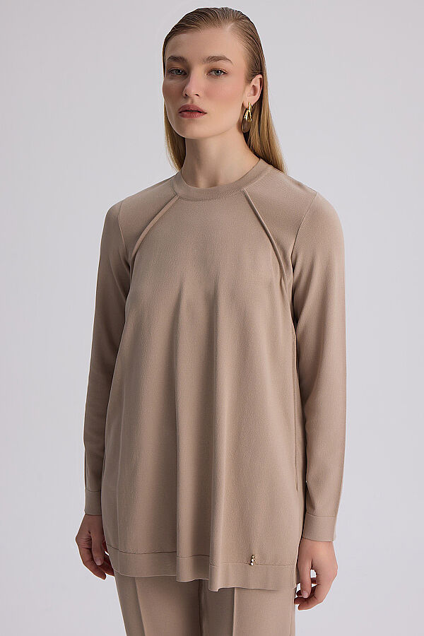 Uzun Kollu Basic Triko Tunik Bej - 6