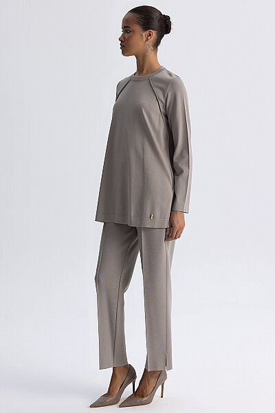 Uzun Kollu Basic Triko Tunik Vizon - 3