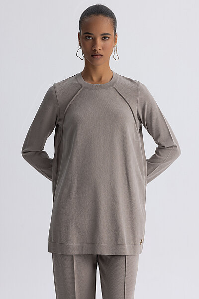 Uzun Kollu Basic Triko Tunik Vizon - 4