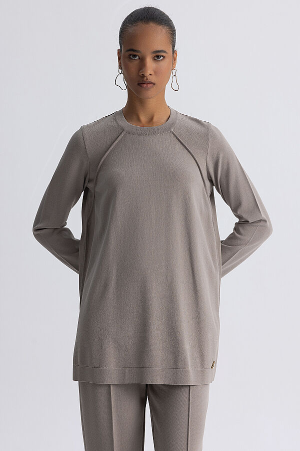 Uzun Kollu Basic Triko Tunik Vizon - 4