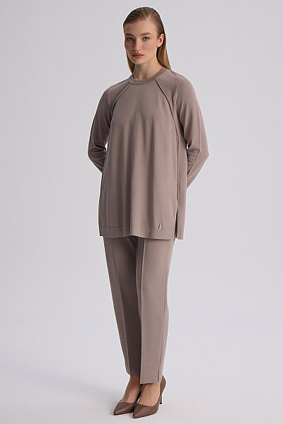 Uzun Kollu Basic Triko Tunik Vizon - 3