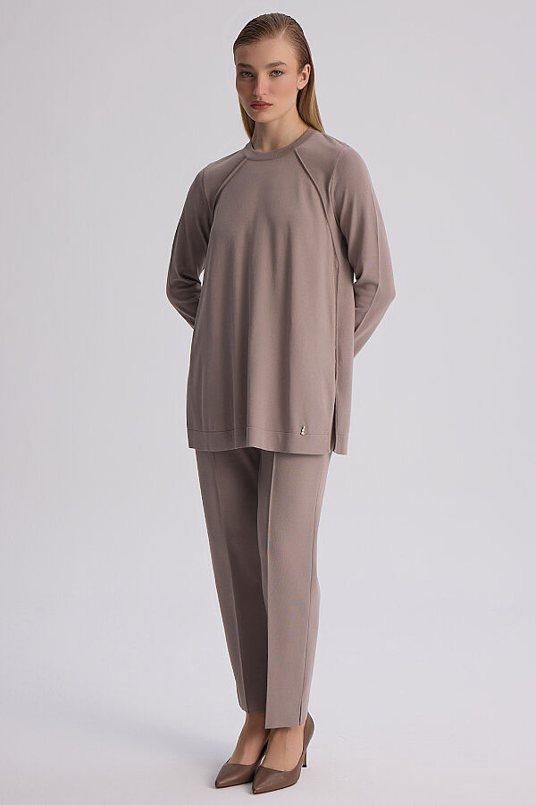 Uzun Kollu Basic Triko Tunik Vizon - 3