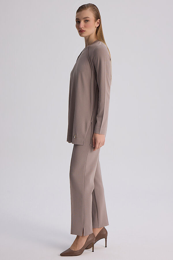 Uzun Kollu Basic Triko Tunik Vizon - 5