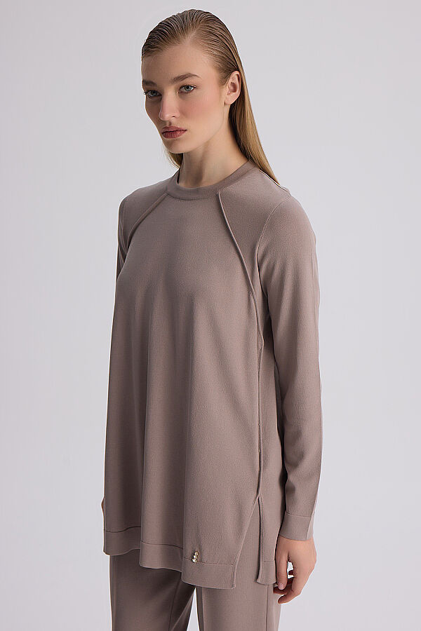 Uzun Kollu Basic Triko Tunik Vizon - 6