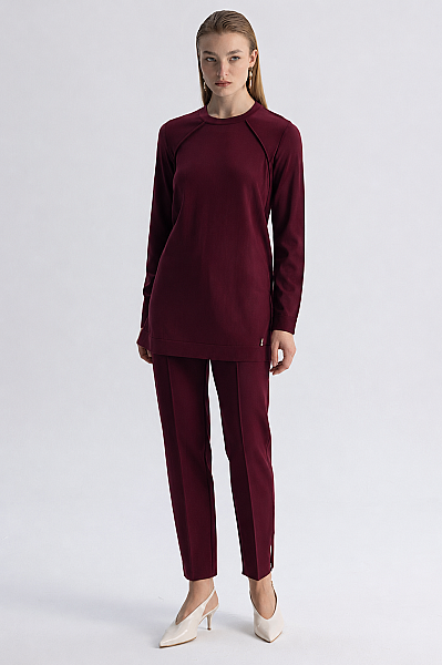 Uzun Kollu Basic Triko Tunik Bordo 