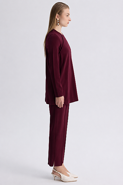 Uzun Kollu Basic Triko Tunik Bordo - 3