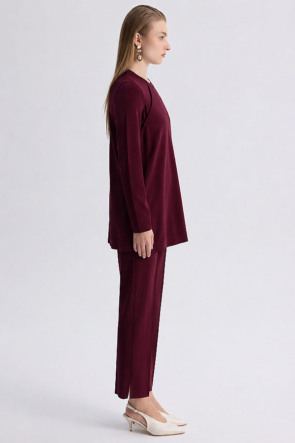 Uzun Kollu Basic Triko Tunik Bordo - 3