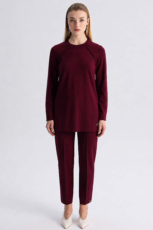 Uzun Kollu Basic Triko Tunik Bordo - 4